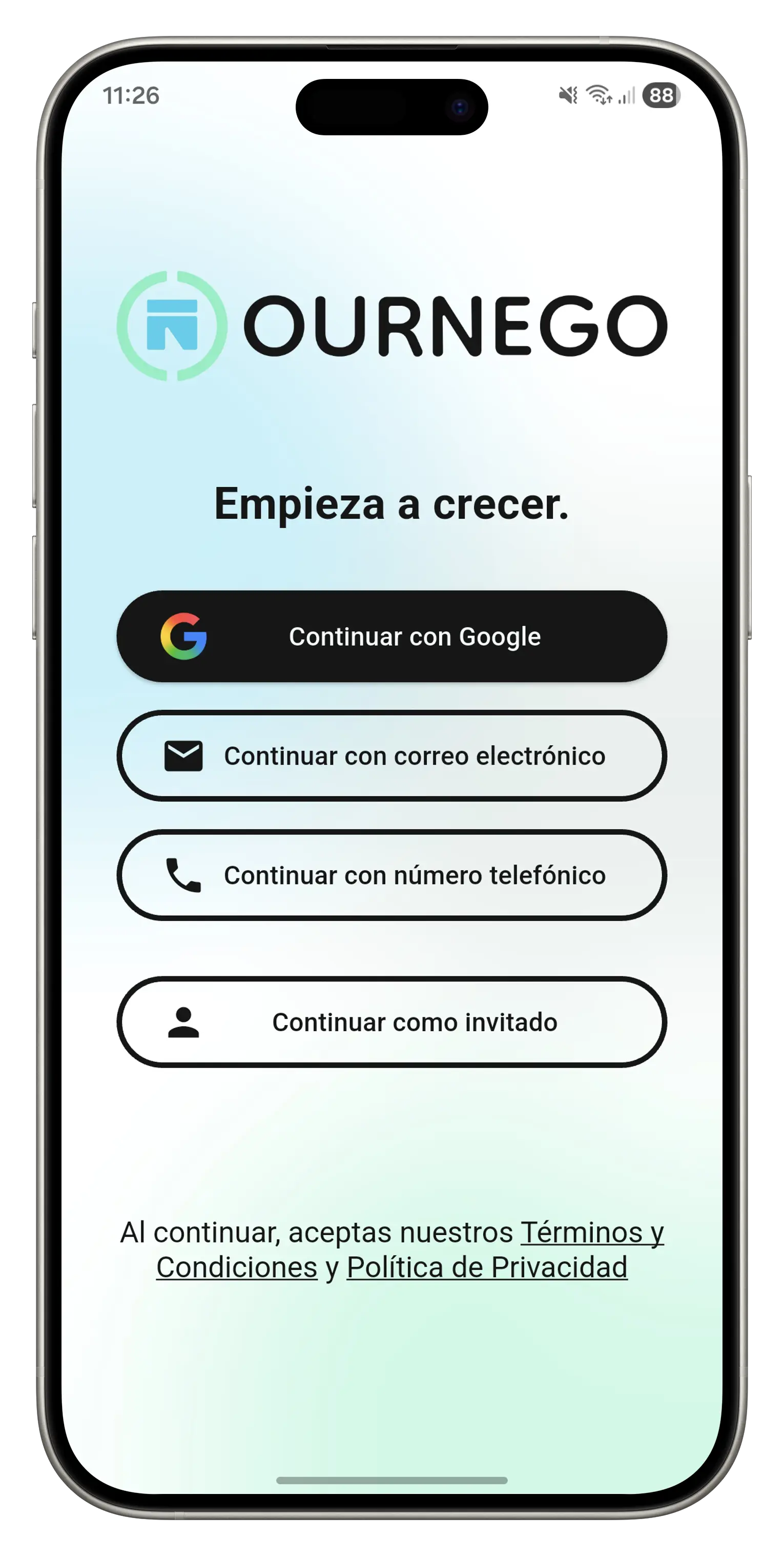 Pantalla de acceso de Ournego en telefono